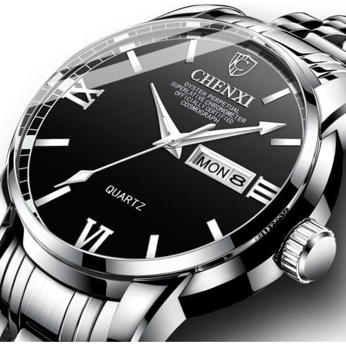 Fashion Casual Men Dress Watches Silver Stainless Steel Calendar Weeken Classic Design Males Quartz Wristwatch CHENXI Brand