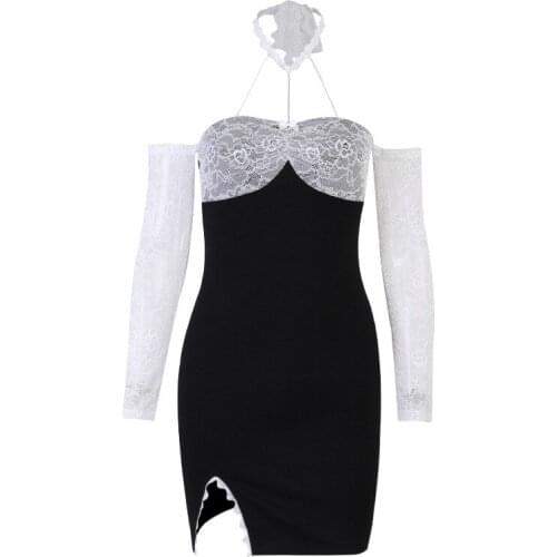 2021 New Patchwork Lace Trim Cami Skinny Mini Dress Y2K Fashion Off Shoulder E-girl Party Prom Vestidos Outfits