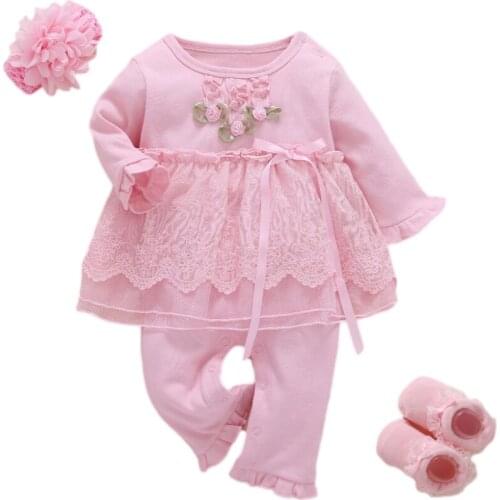 Newborn Baby Girl Clothes Spring Cotton Lace Princess Style Baby Jumpsuit 0-3 Months Infant Romper With Socks Headband ropa bebe