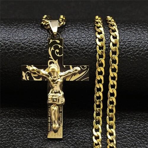 2021 Hip Hop Cross Jesus Stainless Steel Necklace Gold Color Long Choker Necklace Women/Men Jewelry colier homme NXS05