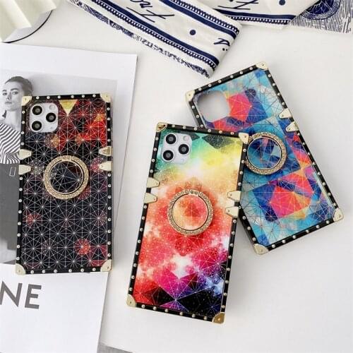 Luxury Glitter Diamond pattern square Phone Case For iPhone 12 11 Pro X XR XS Max 7 8 Plus SE With Ring Holder Soft Cover fundas