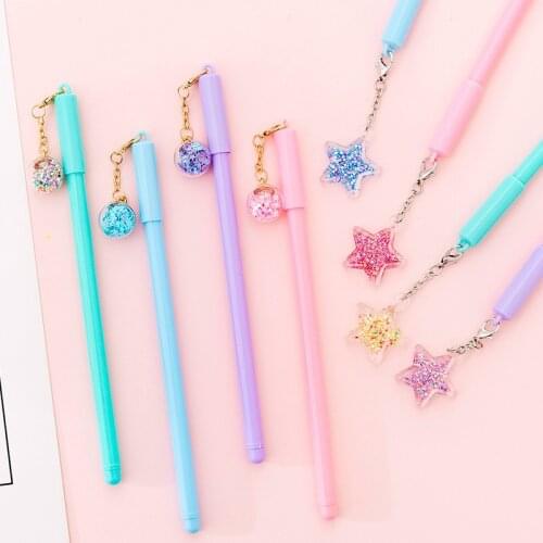4pcs Crystal Star Wish Pendant Pen Ballpoint Black Color Gel Ink Pens for Writing Chain Diamond Decoration Office School F791
