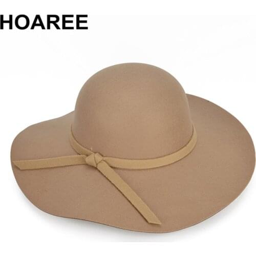 HOAREE Khaki Fedoras Hat Women Wide Brim Tribby Wool Ladies British Elegant Hats for Women Woolen 2021 New Vintage Felt Hats