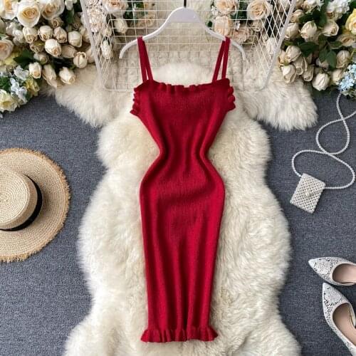 Teeuiear Vintage Slim ruffles bright silk Bodycon Knitted short Dress spaghetti strap dress Summer Party Women sexy club dresses