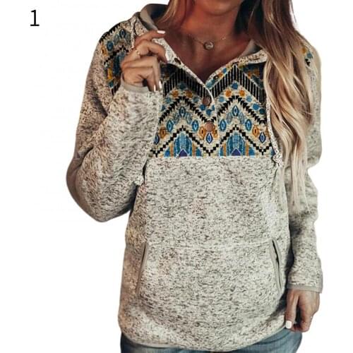 Women Digital Print Hoodie Sweatshirt Buttons Long Sleeve Autumn Winter Pullover