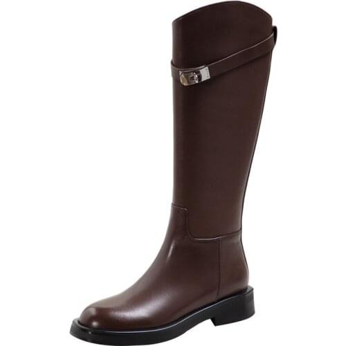 Belt Metal Buckle Leather Shoes for Women Boots Med Heels Round Toe Knight Boots Slip On Botas Autumn Winter Shoes Retro Boots