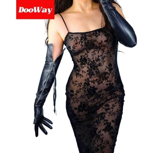DooWay Womens Opera Leather Gloves TECH Genuine Lambskin Leather Side Sleeves with Long Zipper Cool Punk Rock Black 24inches