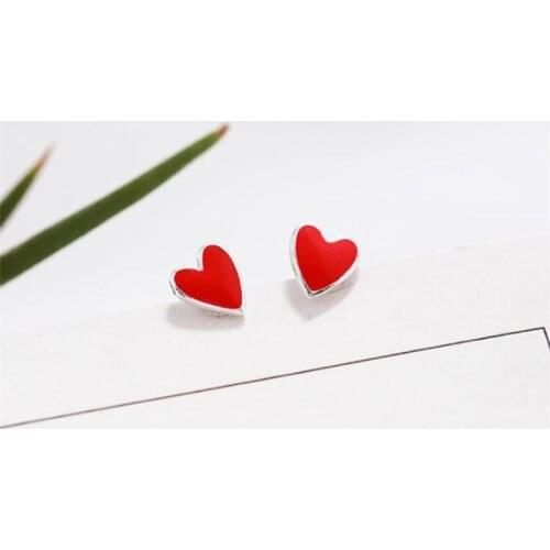 Season Gate 925 Sterling Silver Fashion Red Gutta Percha Heart Shaped Personalized Ear Studs for Women Girls Jewelry Gift SE049