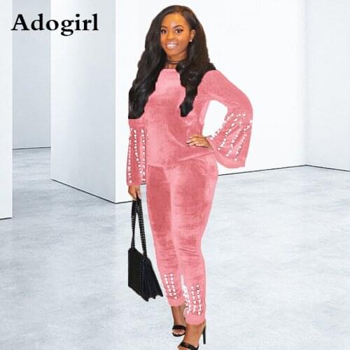 Pearls Accent Velvet 2 Piece Set Women Casual O Neck Flare Sleeve Sweatshirt Pullover Top+Skinny Pants Christmas Color Tracksuit