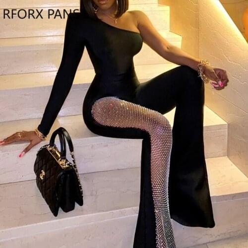 Women Solid Elegant One Long Sleeves Shoulder Studded Flared Leg Bodycon Black Jumpsuit