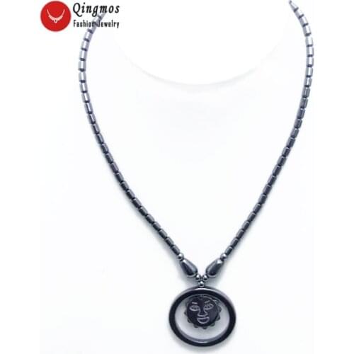 Qingmos Natural Hematite Black 35mm Sun Pendant Necklace for Women with Knurl Shape Hematite Chokers Necklace Jewelry 18" ne5619