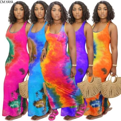 CM.YAYA women summer black hole tie dye print sleeveless bodycon midi tank long dress sexy night club party pencil maxi dresses