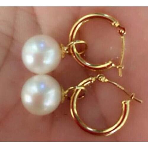 Free shipping >>>>noble jewelry charming pair of 10-11mm natural round Freshwater white pearl dangle earring 14k