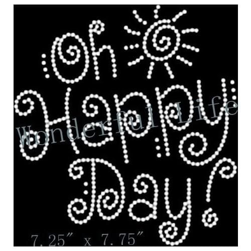 Free Shipping happy day words with sun white clear crystal rhinestone transfer designs for garment heat transfer design