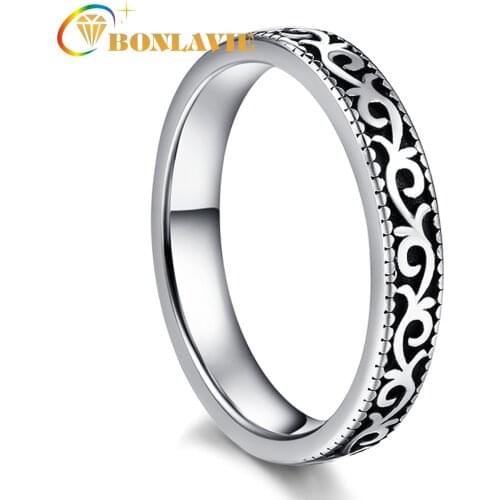BONLAVIE Silver Color Wedding Band Ring n Vine Pattern Stainless Steel Vintage Ring For Man jewelry