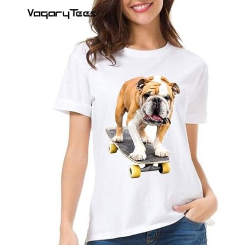 Bulldog on Skateboard Cute Puppy Dog British Print T-Shirt New Summer Fashion women Painting T Shirt Casual Tops Hipster Tees