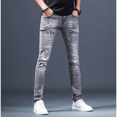 Free Shipping New mens male denim jeans European brand men summer printing personality fashion slim stretch pants trousers