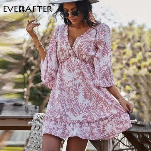 EVERAFTER Sexy Deep V Spring Summer Dress Women Floral Print Loose Backless Lace Up Ruffles Beach Holiday Mini Dress For Ladies