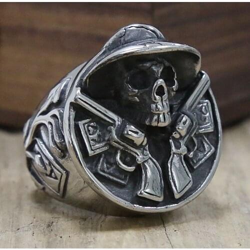 Cool Gothic Double Gun Skull Ring 316L Stainless Steel Mens Biker Cowboy Double Gun Ring Retro Fashion Jewelry Wholesale