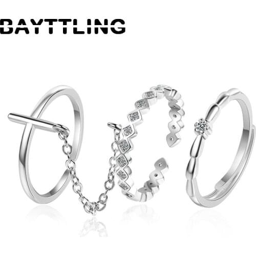 BAYTTLING 925 Sterling Silver Korean Cross 3-piece Open Ring For Women Fashion Zircon Birthday Gift Jewelry