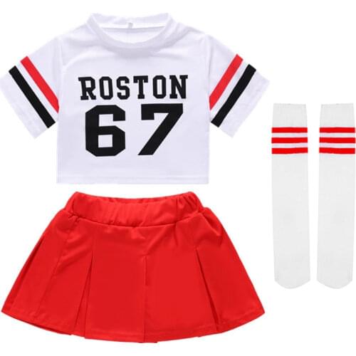 Girls Red Cheerleader Costume Kids Pleated Skirt Set Dance Show Stage Performance Children Competition Cheer School Team Uniform