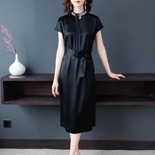 Summer Fashion Black Mulberry Silk Satin Dress 2021 Women Vintage Solid 3XL Plus Size Midi Dress Elegant Bodycon Party Vestidos