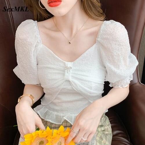 Summer Off Shoulder Chiffon Blouses Women 2021 Fashion Korean Sexy Puff Sleeve Ladies Tops Short Corset Top White Blouse Blusas