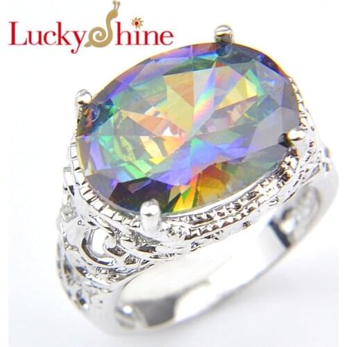 Luckyshine Jewelry Vintage Oval Rainbow Blue Gems Silver Plated Rings Fashion Lovers Women Men Zircon Ring Jewelry Accessories