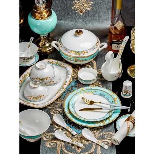 New Chinese Jingdezhen Ceramic high-grade tableware set bone china tableware plate dinner set with chopsticks noodles bowl