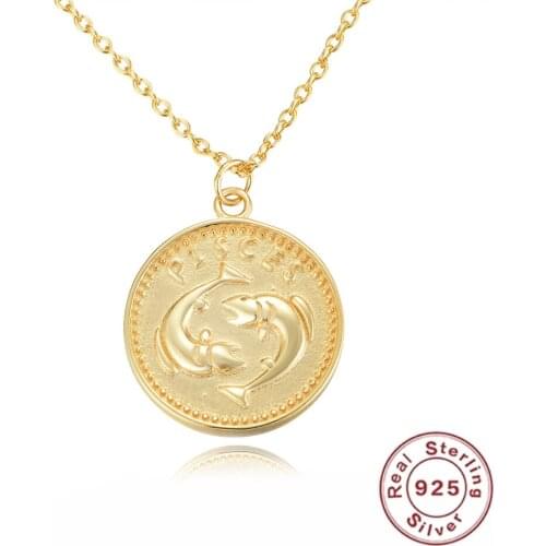 925 Sterling Silver Constellation Zodiac Pendants Necklaces for Women Men Geometric Round Coin Neck Fine Jewelry Christmas Gifts