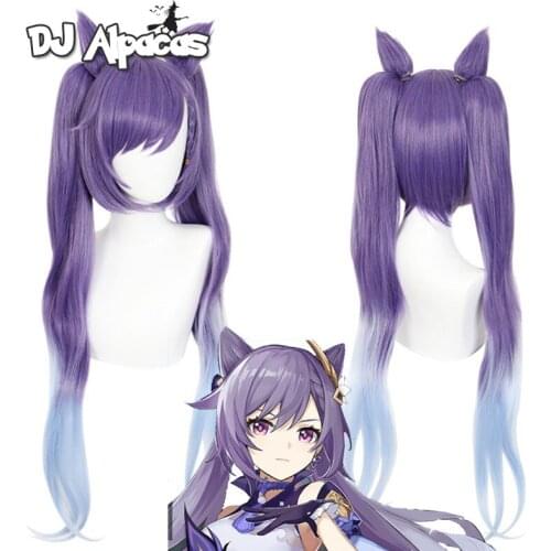 Genshin Impact Keqing Mixed Purple Ponytails Wig Long Heat Resistant Synthetic Hair Halloween Party Cosplay Role Play