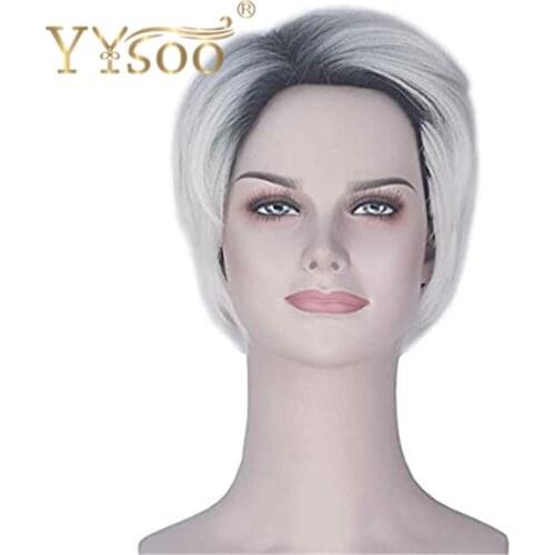 YYsoo The No Lace Cosplay Wigs For Women Female Short Straight Hair Black Gradient White Blonde Dyeing Costume Wig