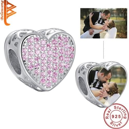 Personalized Custom Photo 925 Sterling Silver Cute Pink Heart Charm Bead Fit Original Bracelet For Woman DIY Jewelry