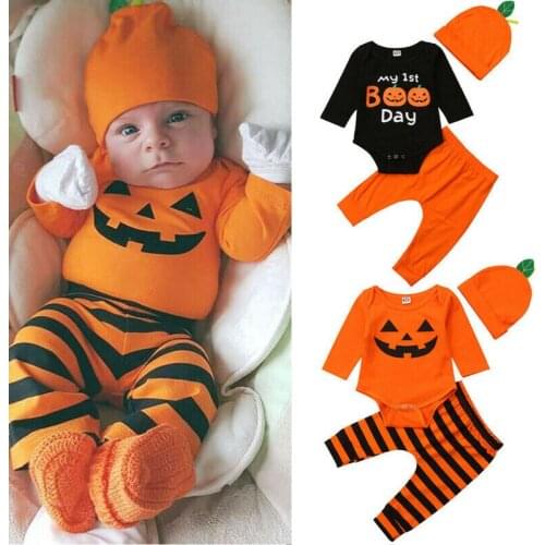 PUDCOCO Halloween Newborn Baby Boy Girl Pumpkin Romper Jumpsuit Pants Hat 3PCS Clothes Outfit Set 0-18M