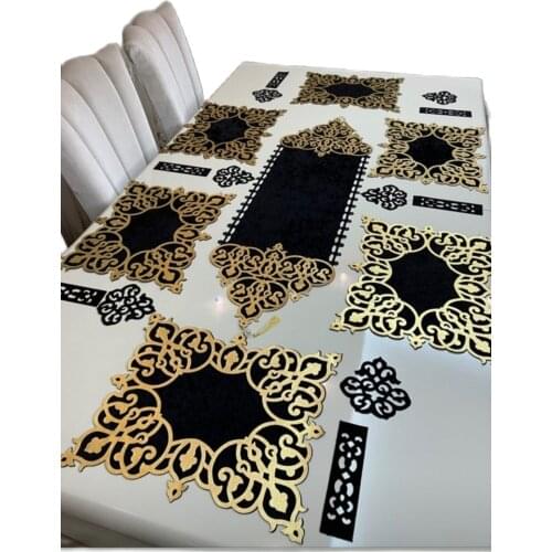 Velvet, Leather Leaf Embroidered, 19 Pieces, 6 Person Presentation Set Washable Placemats for Dining Table Mat Non-slip Placemat