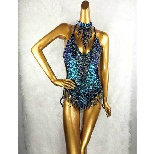 Sexy Women beading Bodysuit Sequin Swimsuit latin Belly Dance Costume Dancer One-Piece Outfit Costume Stage Performance Blue