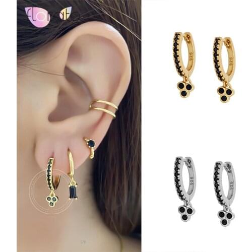 European and American 925 Sterling Silver Hoop Earrings for Women Black/White Crystal Zircon Pendant Circle Earrings Jewelry