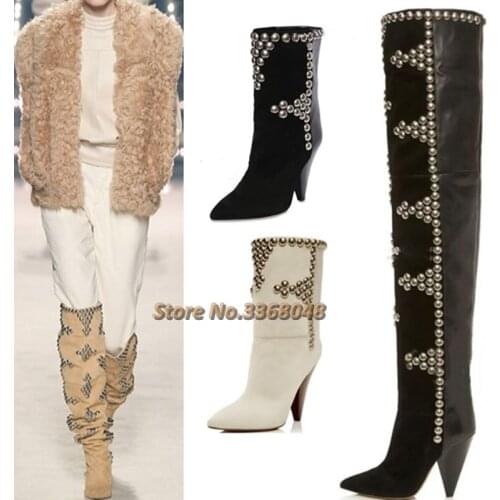 Spike Heel River Handmade Boots Sexy Pointed Toe Slip On Patchwork Women Runway Dress Boots Over The Knee Studded Fashion Winter