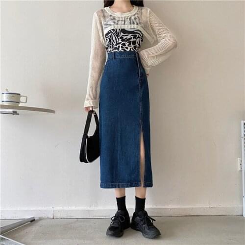 Spring Women Jean Skirt High Waist A-Line Irregular Female Autumn Fashion Solid Casual All-Match Jean Mid-Calf Skirts Streetwear