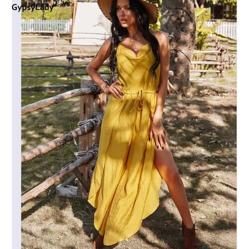 GypsyLady Yellow Summer Long Rompers Jumpsuit Strappy Deep V Backless Sexy Women Boho Jumpsuits Split Lace Up Holiday Jumpsuits