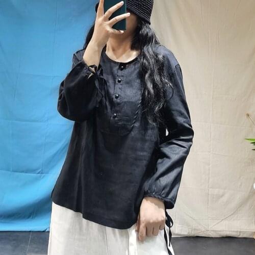 Women Autumn Solid Color Loose Blouse Tops Ladies Vintage Retro Linen Shirt Female 2020 Spring Blouses Shirts