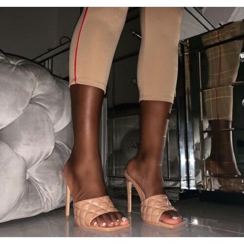 Marian Sqaure Toe Red Quilted Mule Heels Shoe Black PU High Heel Shoes Women Sandals Sliper Woman Shoes zapatos mujer White Blue