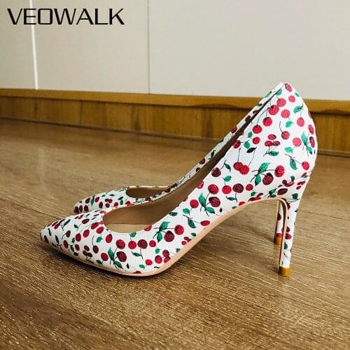 Veowalk Cherries Printed Women Pointed Toe Stiletto Pumps Cute Patterns Basic High Heels Elegant Ladies Party Dress Shoes White