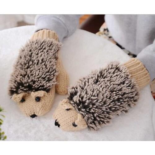 Women Winter New Gloves Without Fingers Knitting Wool Cute Warm Mittens Fingerless Cartoon Hedgehog Warm Gloves