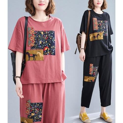 Women Summer New Two-Piece Suit T-Shirts & Trousers Korean Style Loose Casual All-Match Trend Patchwork Printing Female Set Tops
