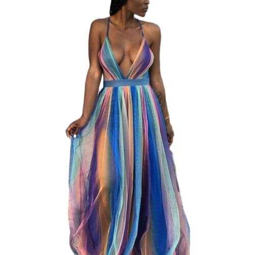 Trendy Fashion Printing V Neck Chiffon Colorful 2021 Summer Backless Maxi Dresses for Women Ladies Swing Multi Color Long Dress
