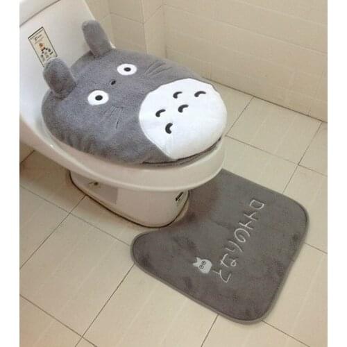 3pcs Cartoon Totoro Bathroom Set Toilet Cover Winter Warm Soft Plush Seat Cushion toilet cover Bath Foot Pad Closestool Mat New