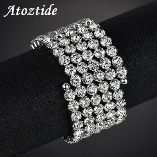 Atoztide High Quality 1-5 Rows Elastic Clear Crystal Bracelets For Women Luxury Silver Color Wrap Bracelets Bridal Bangle