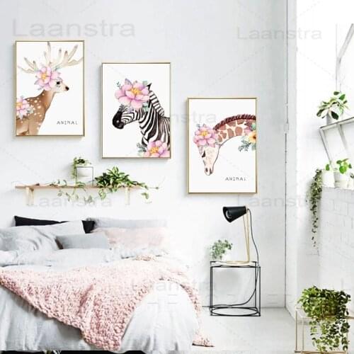 Flowers Animal Canvas Painting Elk Zebra Childrens Room Decoration Wall Picture Giraffe Simple Modern Posters and Prints Art