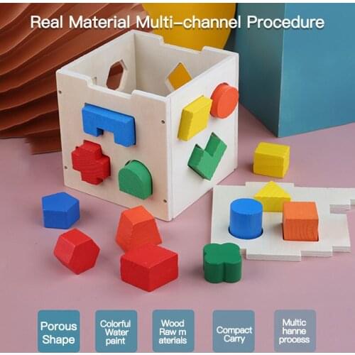 Wooden Building Blocks Baby Wooden Vertical Block 15 Hole Geometric Shape Matching Blocks Intelligence Box Early Education Toys